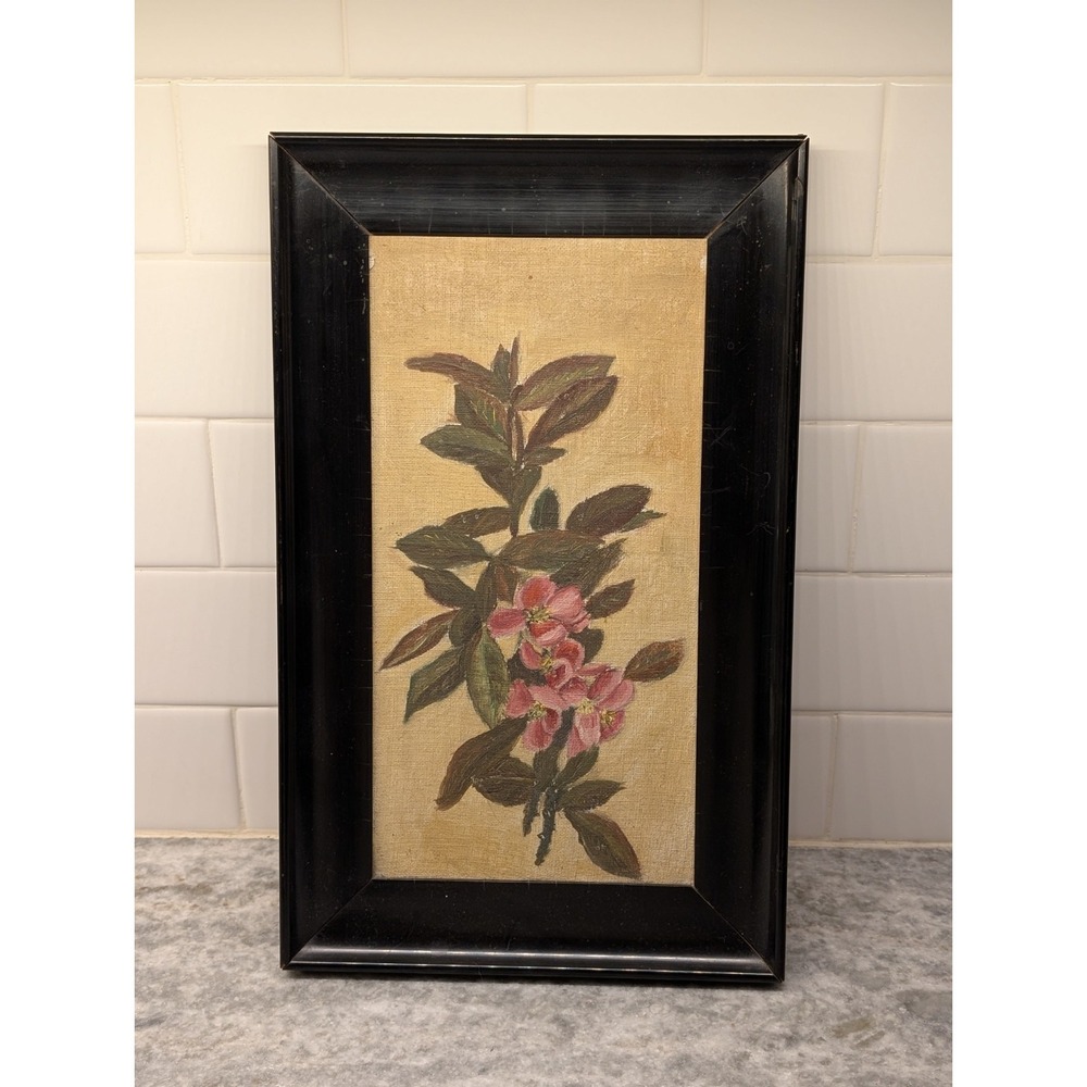 Vintage Floral Oil Painting on Linen Pink Blossoms Dark Frame
